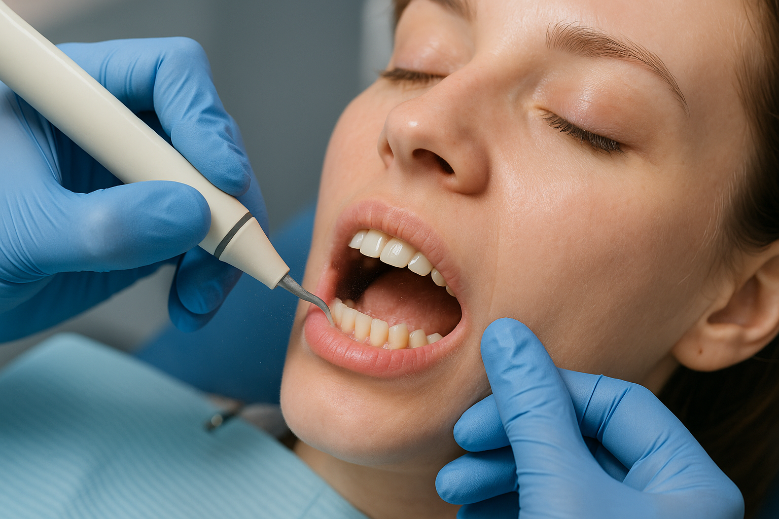 A woman performing Oral Prophylaxis dental procedure through Ultrasonic Scaling method